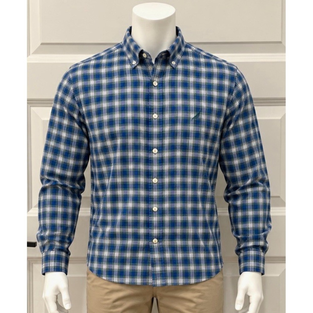 Nautica Men's Long Sleeve Plaid Button Down Cotton Woven Blue Green White M